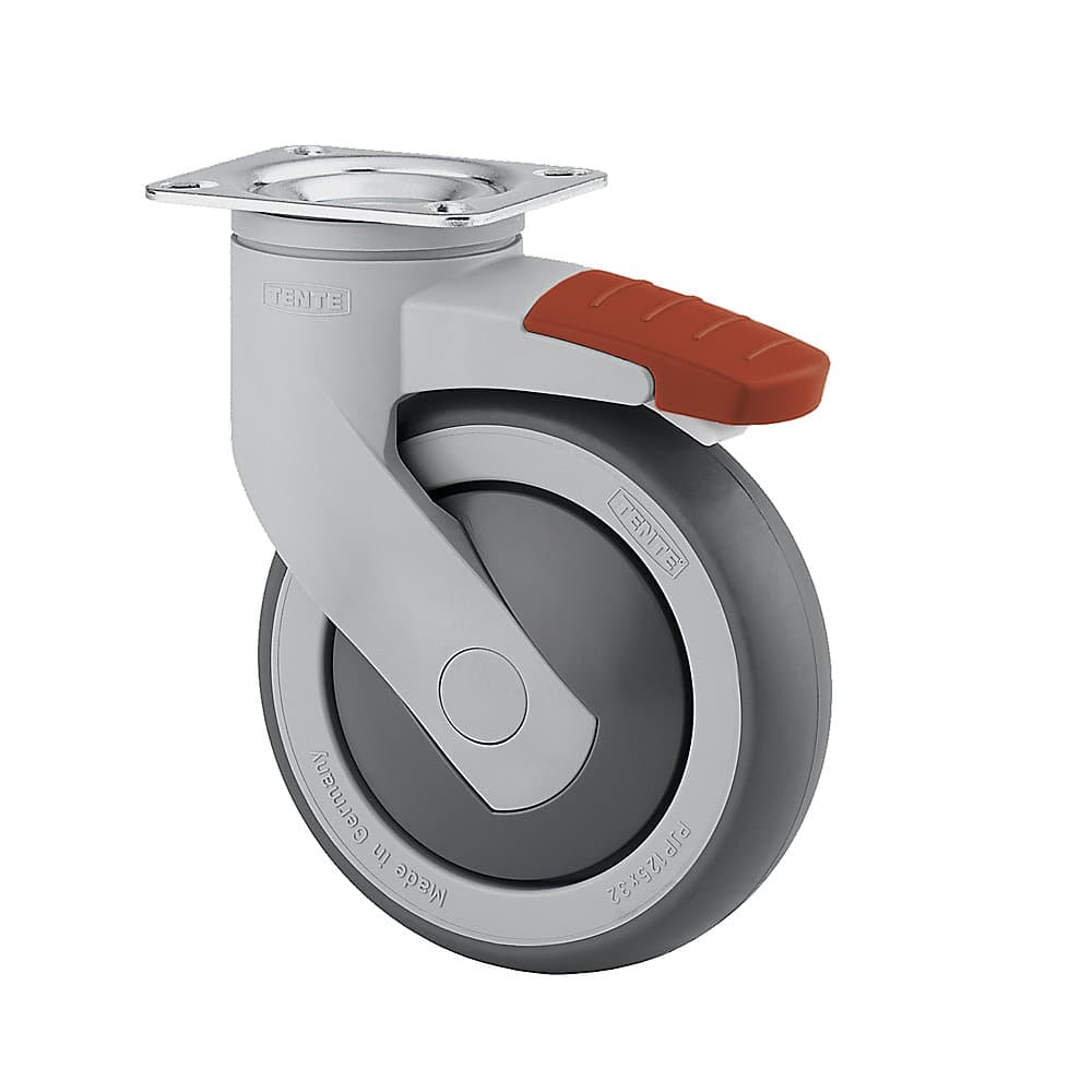 TENTE Rolă din plastic, cu placă de montaj, Ø roții x lățime 125 x 32 mm, roată pivotantă cu frână dublă