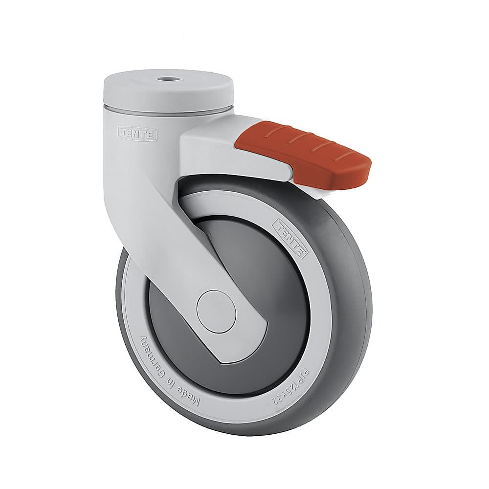 TENTE Rolă din plastic, cu orificiu în spate, Ø roții x lățime 125 x 32 mm, roată pivotantă cu frână dublă