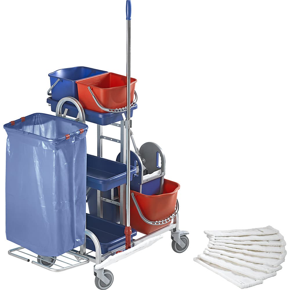eurokraft pro Set de cărucior de curățenie din inox, cu 4 găleți, suport și 10 mopuri, role din plastic
