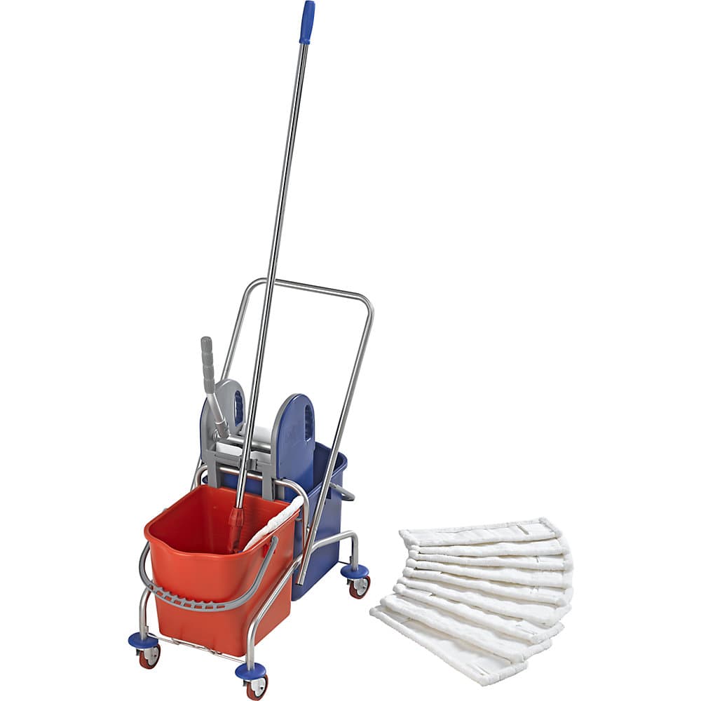 eurokraft pro Set de cărucior de curățenie din inox, cu 2 găleți de 25 l, suport și 10 mopuri, role metalice și mop