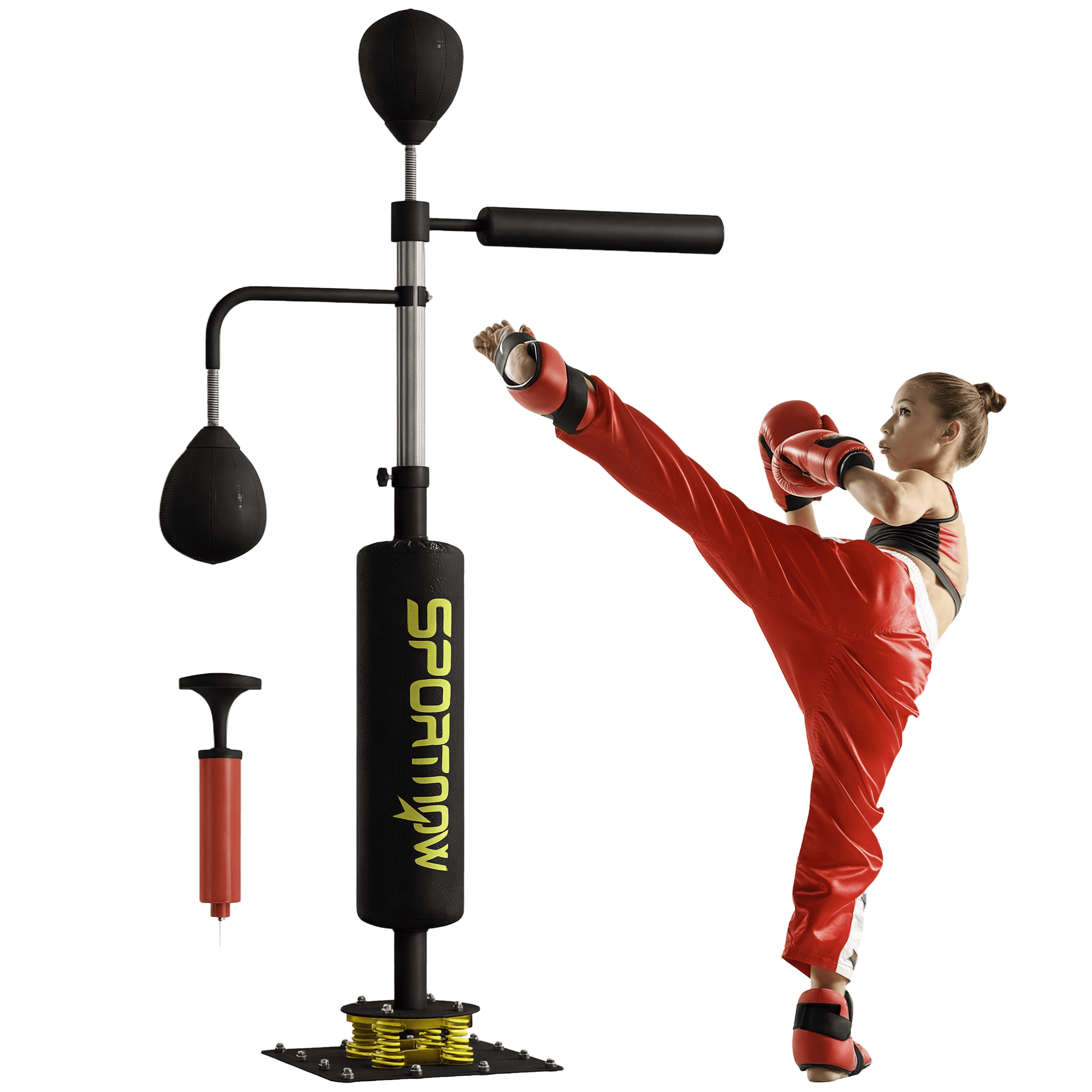 SPORTNOW Stand de box, două mingi de viteză, stâlp de box pivotant, pernă de lovituri, reglabil pe înălțime, Oțel, 107 x 36 x 140-205 cm,