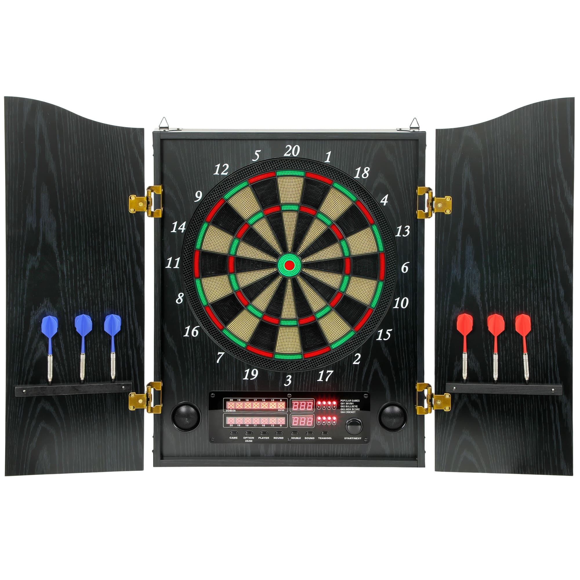 SPORTNOW Tablă de darts electronică E cu uși, aspect lemn, afișaj LED, anunțuri vocale, 6 săgeți de darts, 24 vârfuri de rezervă | Aosom