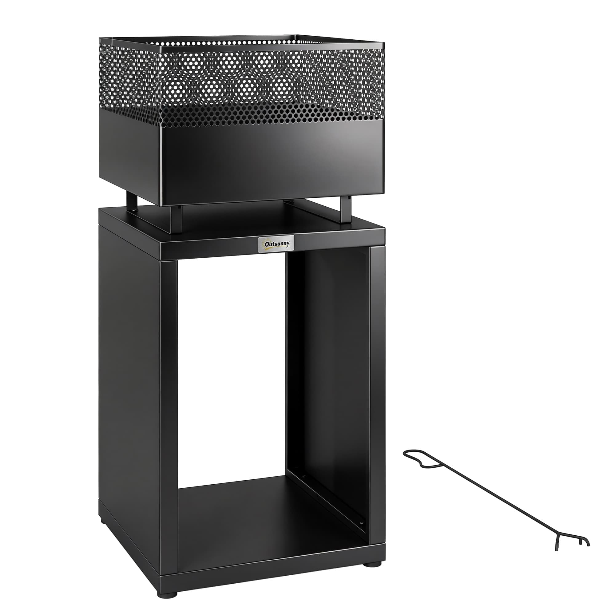 Outsunny Cuva pentru foc 39 x 39 x 87 cm șemineu cu depozit pentru lemne grilaj pentru cărbune picioare reglabile, Schwarz | Aosom Romania