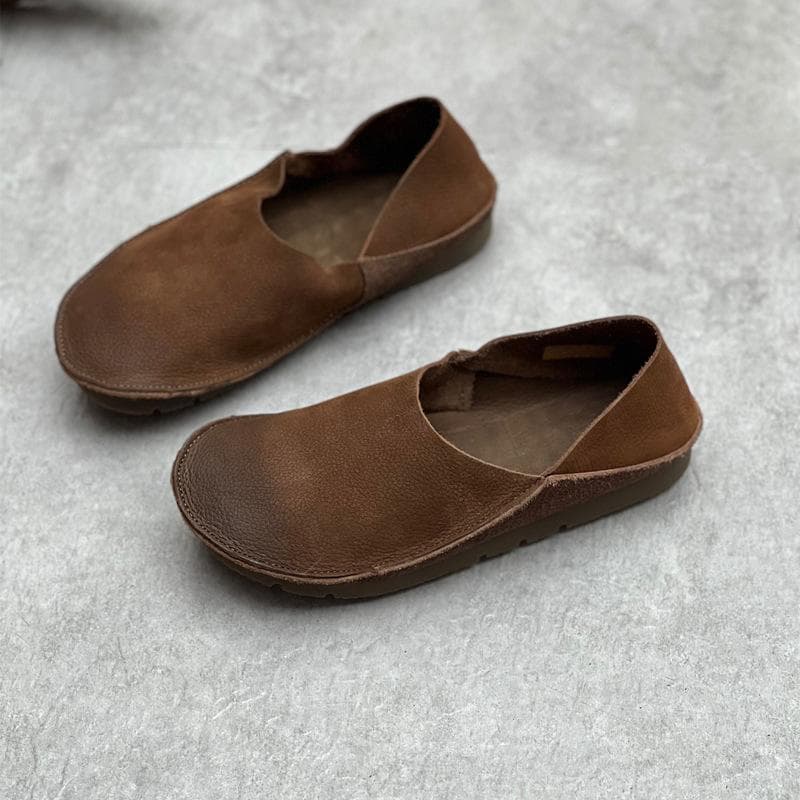Johnature Retro femei din piele naturală pantofi plati puțin adânci lucrați manual cu talpă moale mocasini casual cu vârf rotund cm khaki