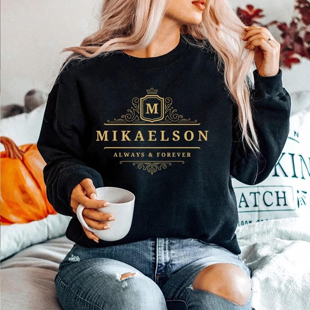 Hanorac Mikaelson Always and Forever Hanorac original Vampires Jumper Mystic Falls Pulovere Vampire Diaries TVD Hanorac cu gât crew cm bej