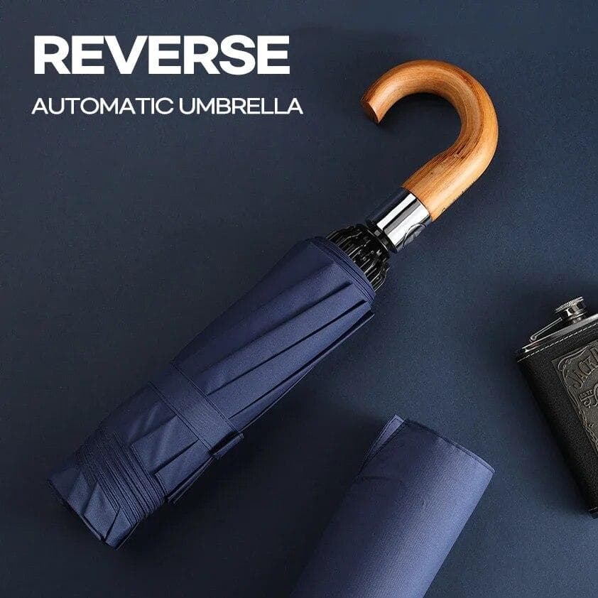 Umbrelă inversată de lux pentru bărbați, mâner din lemn, umbrelă mare automată, rezistentă la vânt, puternică, cu 10 nervuri, pliabilă,