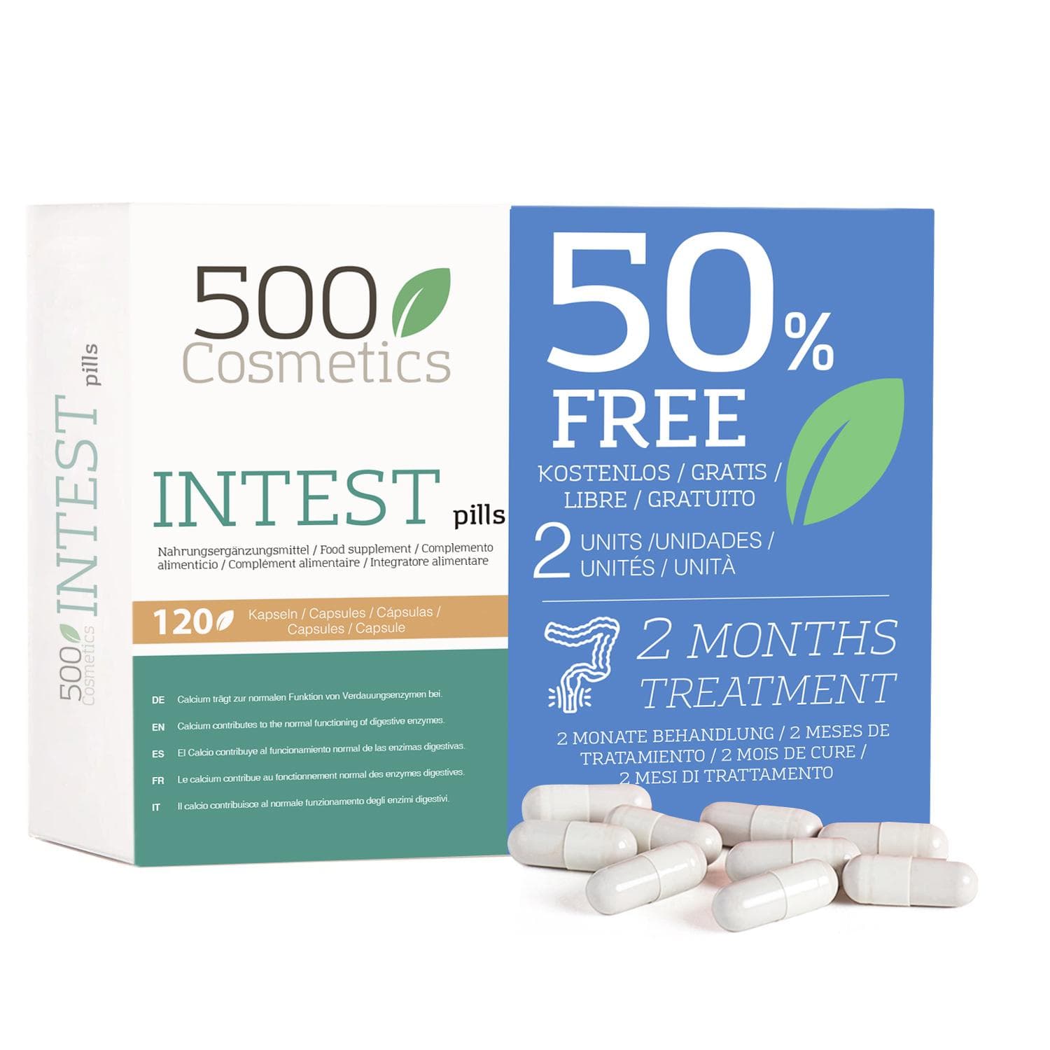 500Cosmetics Intest Pills, pastile pentru prevenirea hemoroizilor napier verde culoare/alb