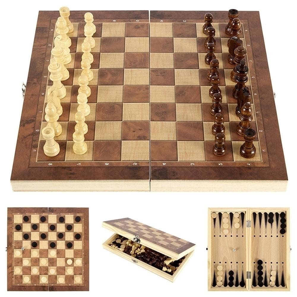 Set de șah din lemn 3 în 1, dame table, călătorie, joc de șah din lemn, piese de șah din lemn, tablă de șah pliabilă