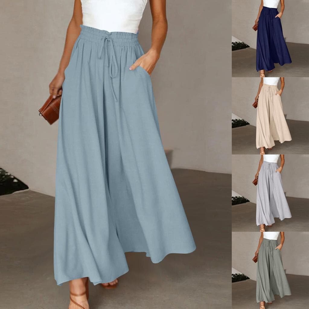 Pantaloni de damă de culoare uni Curea elastică cu picior lat, talie înaltă, pantaloni lungi cm bej