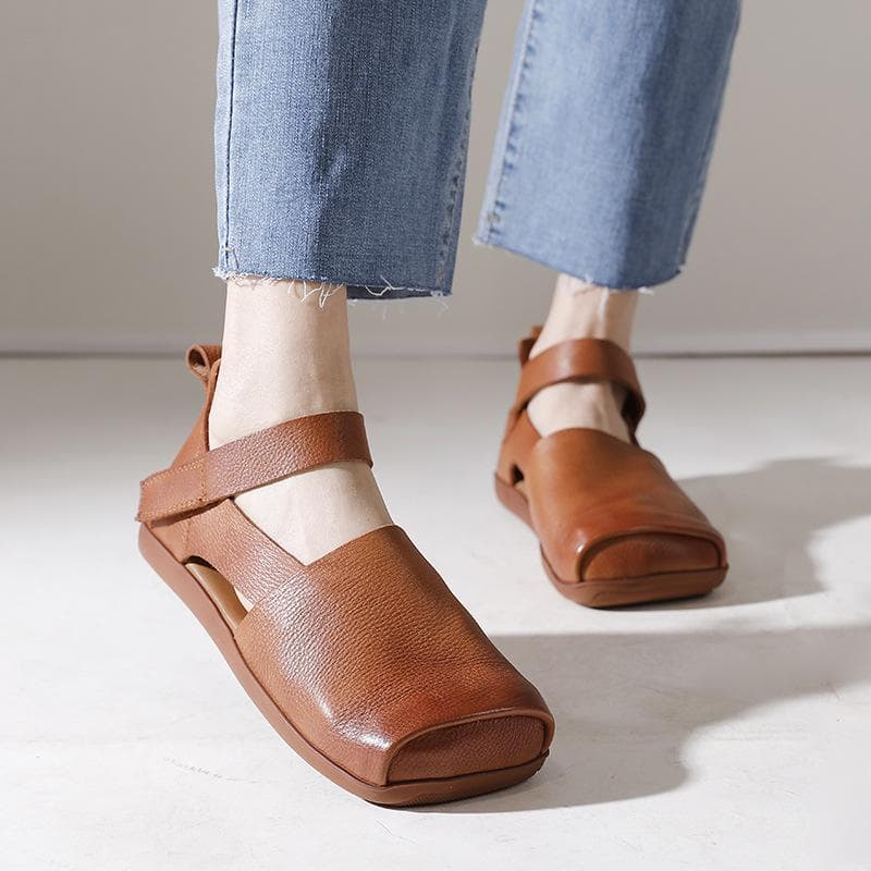 Johnature Pantofi din piele naturală Pantofi pentru femei Retro Handmade Cu vârful pătrat Talpă moale Pantofi confortabili, respirabili cm caisă
