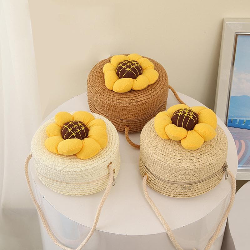 Geantă de umăr rotundă din paie, cu floarea soarelui, minimalistă, țesută pentru bebeluși, lucrată manual de vară, drăguță galben