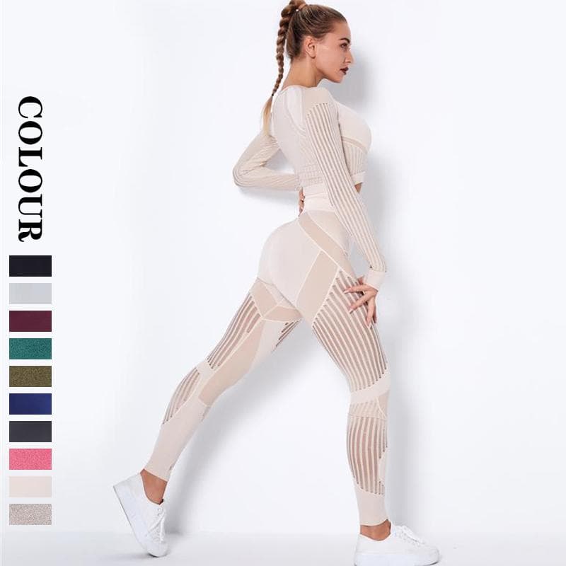 Set de yoga Nessaj 2 buc. Costume fără cusături Sexy Hollow Mesh Respirabil Femei Seturi de gimnastică Costum Push Up cm vin rosu