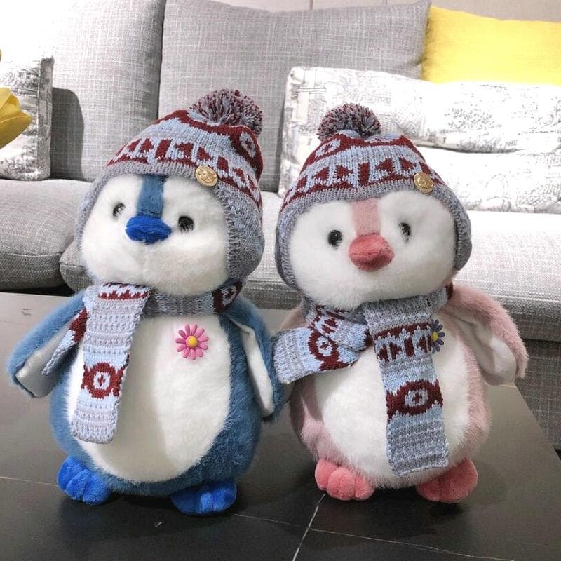 Jucărie de pluș de pinguin cu păr pufos drăguț Animale din desene animate plușuri eșarfă pălărie îmbrăcat păpușă pinguin jucării