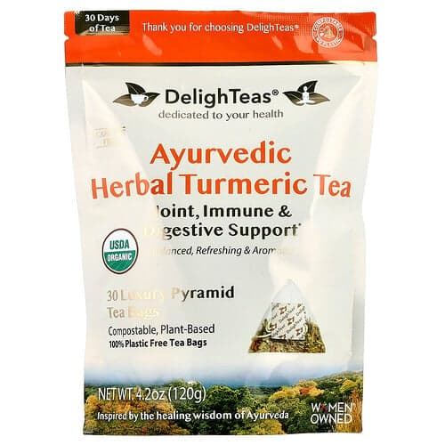 DelighTeas, Ceai ayurvedic de turmeric din plante, fără cofeină, 30 pliculețe de ceai piramidal de lux, 4,2 oz (120 g)