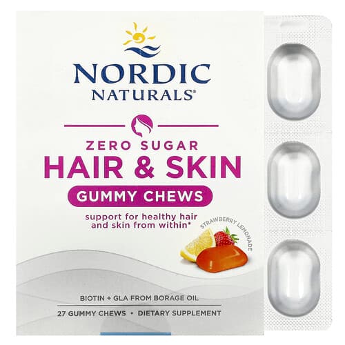 Nordic Naturals, Produse de mestecat pentru păr și piele fără zahăr, limonadă de căpșuni, 27 de gumă de mestecat