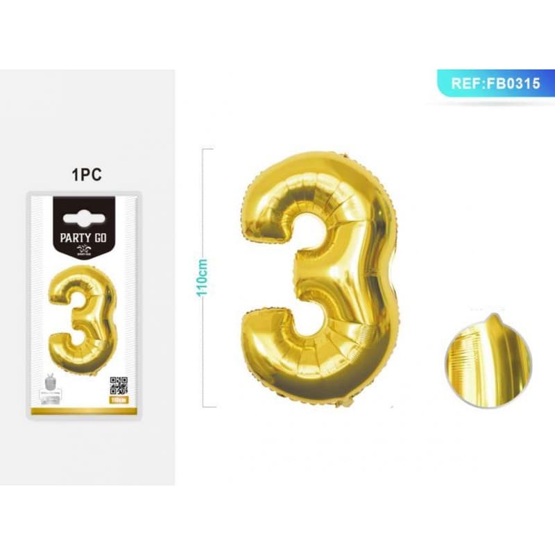 Balon aniversar PartyGo cifra 3, 40cm, auriu