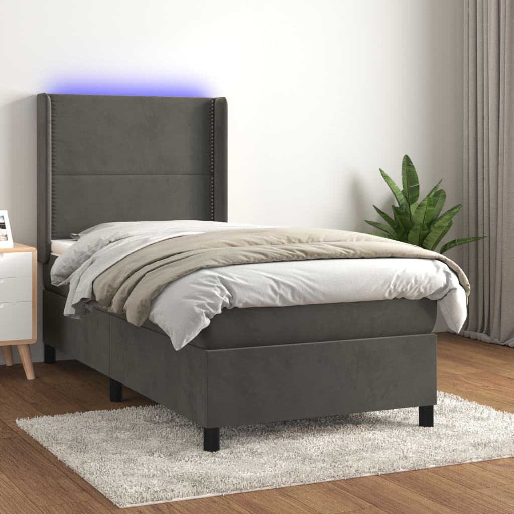 Gossi pat cu arcuri, saltea si led, gri inchis, 90x200 cm, catifea