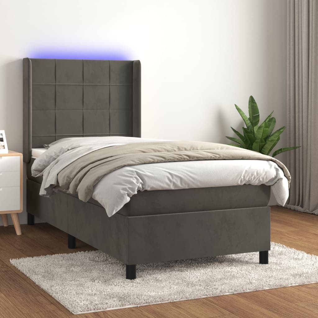 Gossi pat cu arcuri, saltea si led, gri inchis, 90x200 cm, catifea