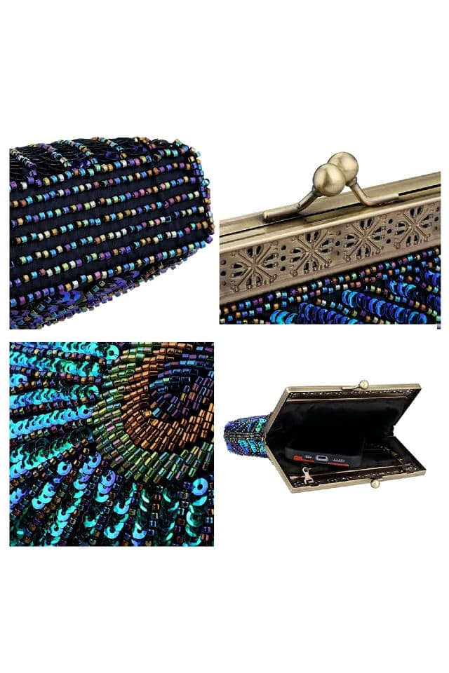 Geanta mica de dama, eleganta, tip clutch, model paun, cu lantisor, design vintage, cu paiete, Multicolora