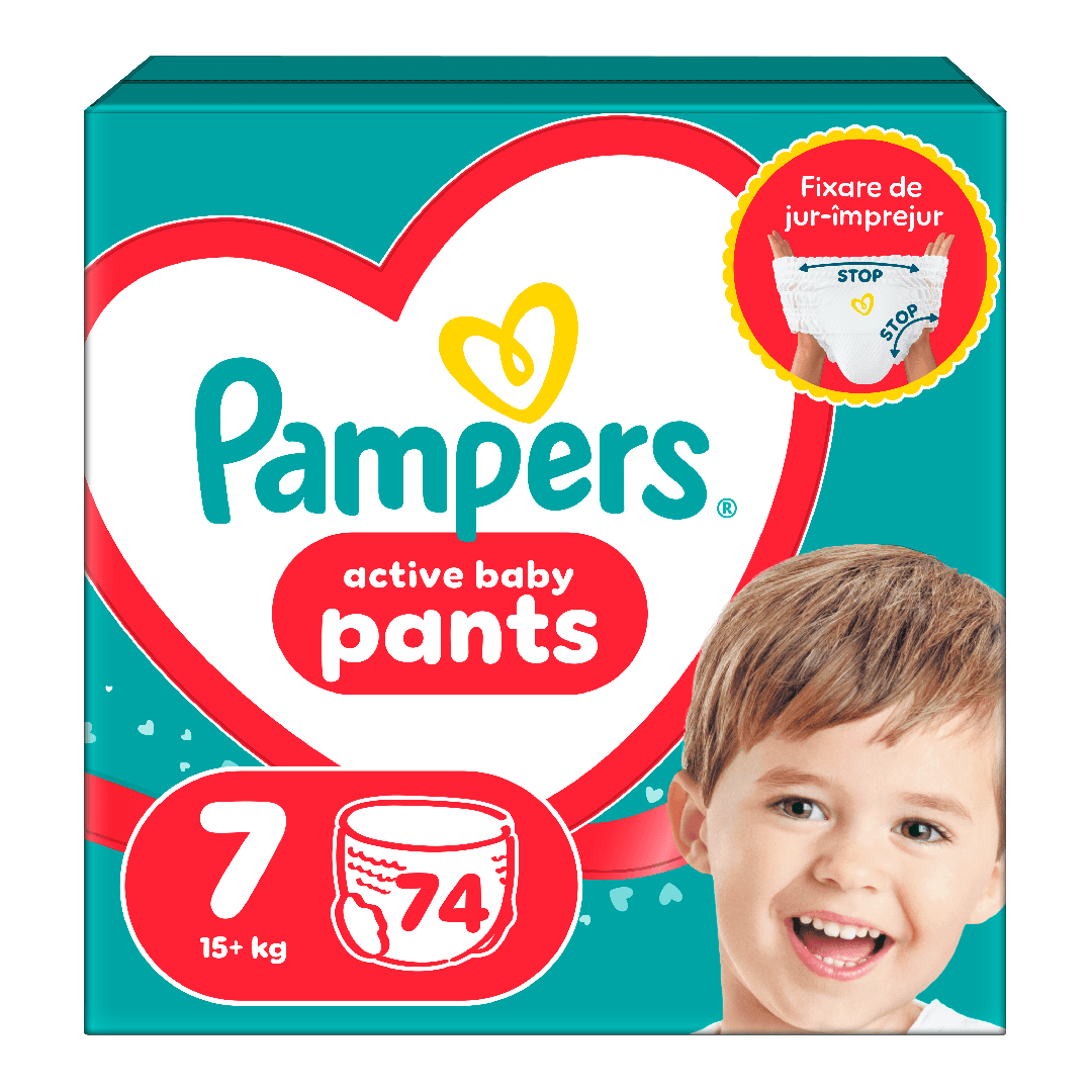 Scutece chilotel Active Baby Pants, marimea 7, 15+ kg, 74 bucati, Pampers
